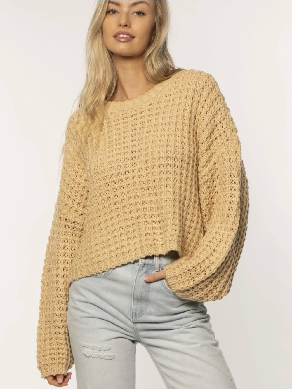Amuse Society Alyvia Sweater Long Sleeve Sweater Crewneck Chunky Pale Yellow M